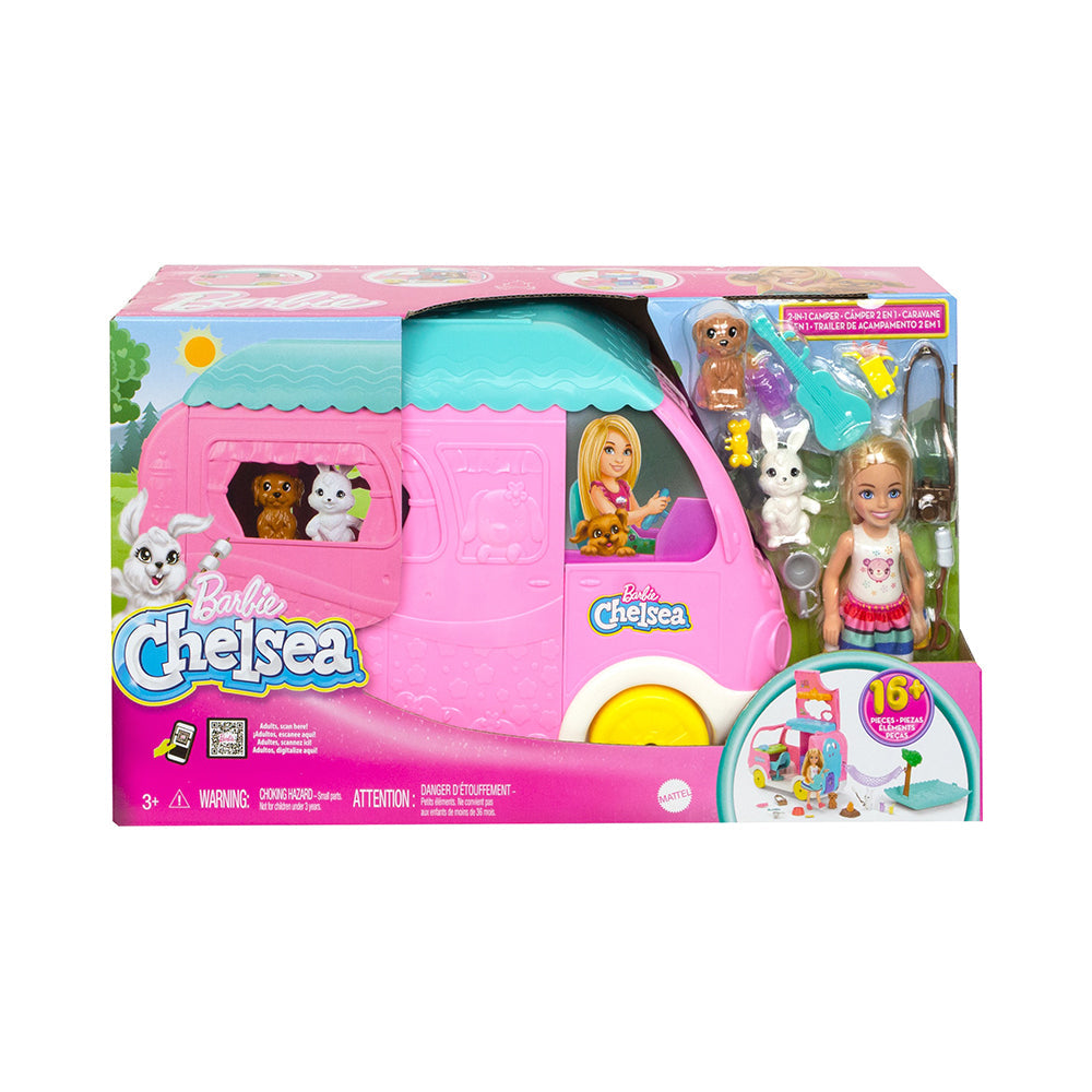 Barbie Chelsea 2-In-1 Camper Playset With Chelsea Small Doll, 2 Pets & 15 Accessories